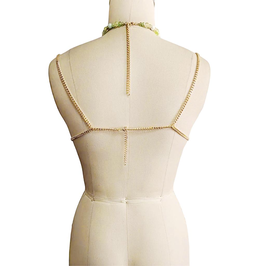 Top Camicetta alla Moda con Scollo all'Americana e Perline, Collana Statement, Bandeau, Catena per il Corpo per Festival e Serate