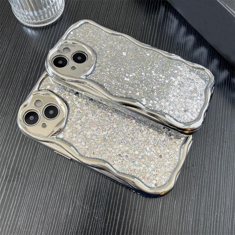 Luksus galvanisert Silver Glitter Drop selvklebende deksel til iPhone 15 14 13 12 11 Pro Max XS XR All-inclusive Fallbeskyttelsesdeksler
