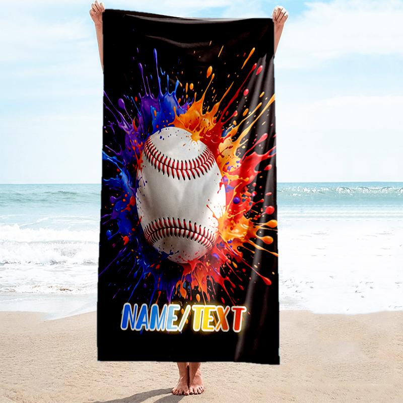 1PC Custom Name Baseball Splash Artwork Beach Towel Highly Absorbent And Sand-Resistant Towel for Swimming, Pool, Yoga, And Travel Lightweight