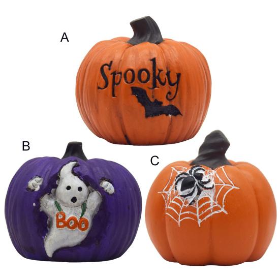 Halloween Pumpkin Figurine Spooky Bat Ghost Spider Web Pumpkin Statue Resin Tabletop Decoration for Home Mantel Shelf Decor