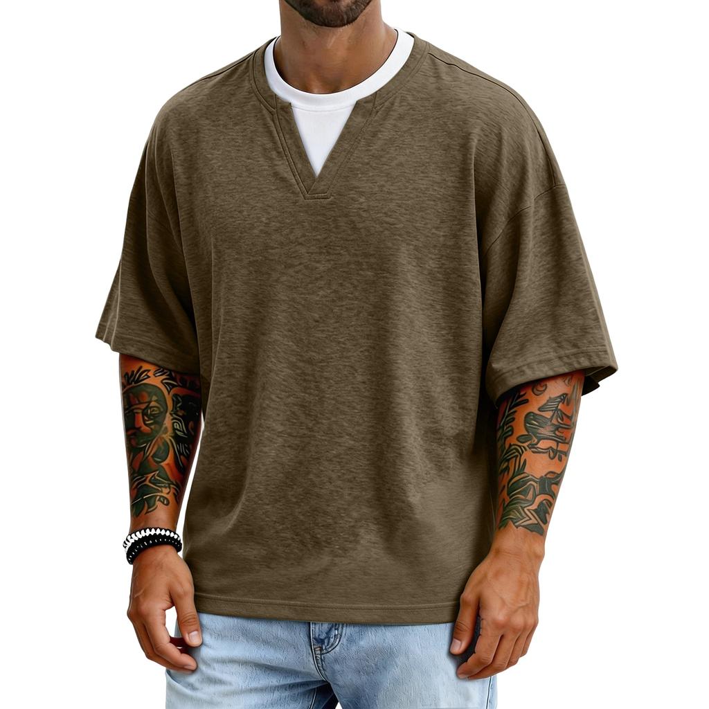 Men's Casual Color V-neck Fake Two-piece Breathable Short-sleeved Top