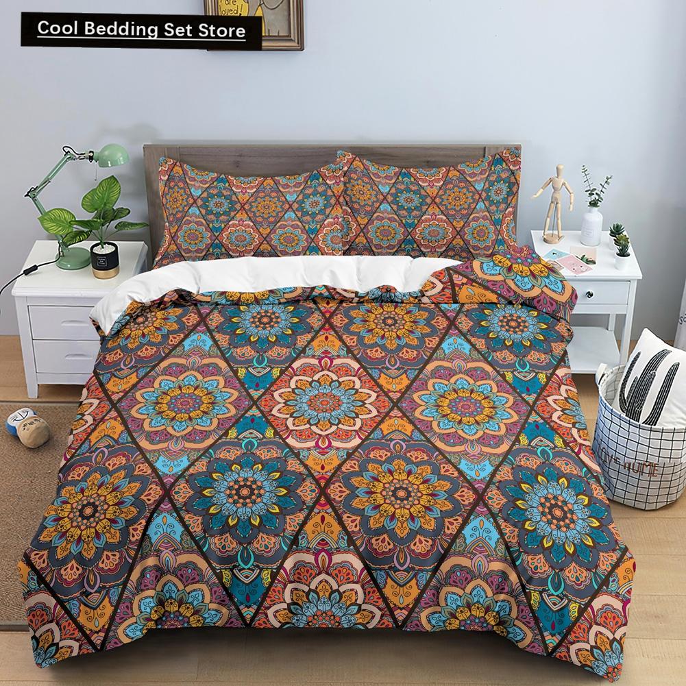 Geometric Mandala King Queen Duvet Cover Boho Ethnic Style Bedding Set for Teens Adults Mediterranean Soft Polyester Quilt Cover
