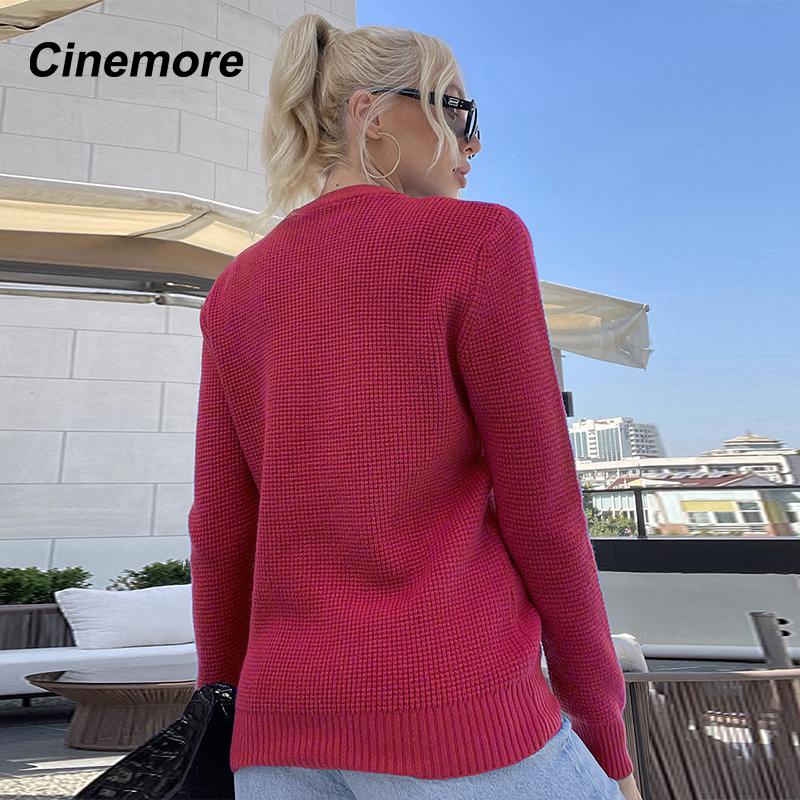 Cinemore Wiosna Jesień Damski Sweter Jednolity Oversize Casualowe Pulowery Ciepły Podstawowy Top z Długim Rękawem Okrągły Dekolt Dzianinowy Sweter Sweter