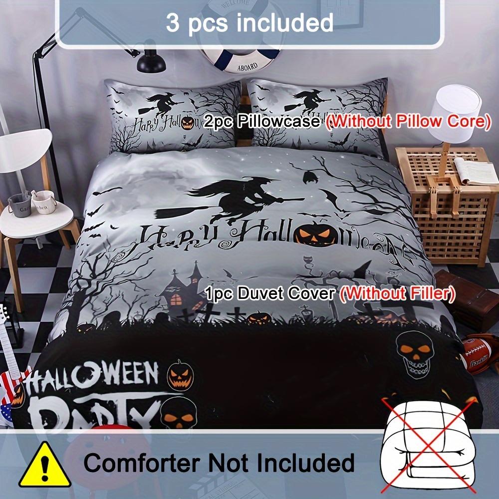 Halloween Theme Duvet Cover Set Funny Witch Skull Pumpkin Print Bedding Set Soft Breathable Duvet Cover For Bedroom Decor