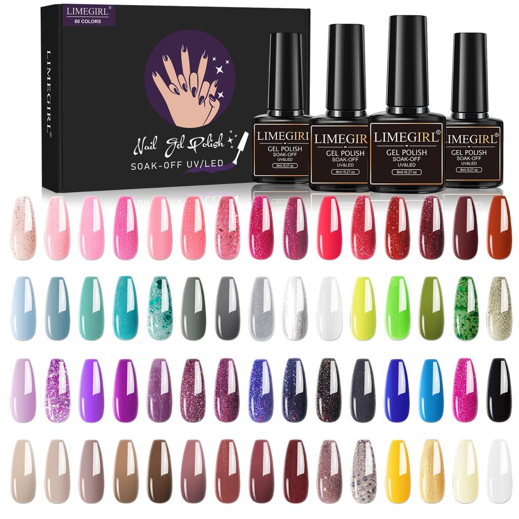 8ml Nail Gel Polish Kit 60pcs Full Set Box Glossy Long-lasting UV Gel Base Top Coat