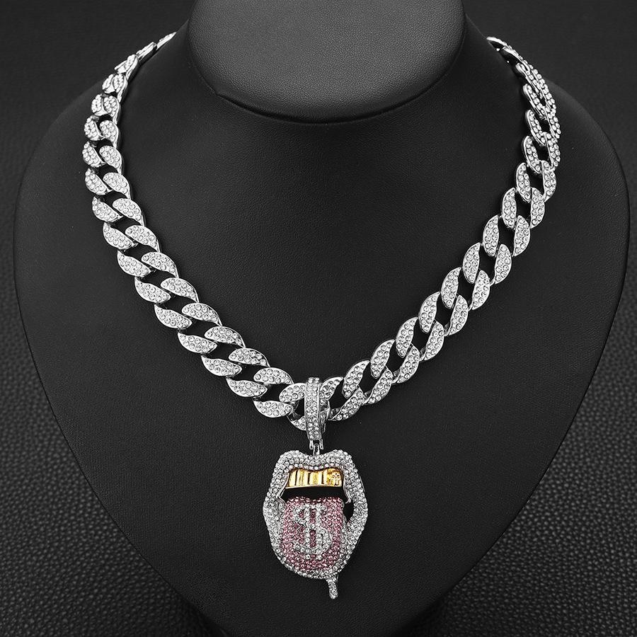 Big Mouth Tongue Out US Dollar Personalized Hip Hop Pendant Full of Diamonds Trendy Necklace for Men and Women Cuban Necklace