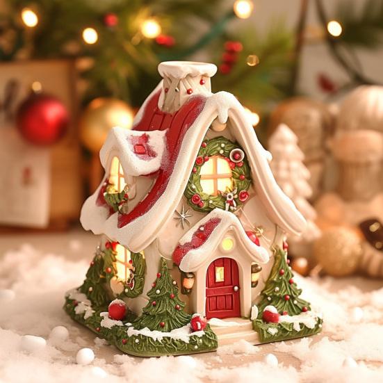 Mini Christmas House Figurine Small Resin Snowy Village House Statue with Wreath And Pine Trees for Fairy Garden Holiday Decor Micro Landscape