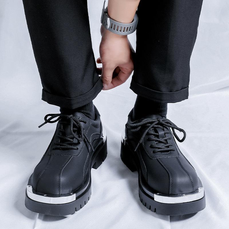 Black matte leather shoes men's design sense round head personality trend niche casual thick-soled small leather shoes 20242-R