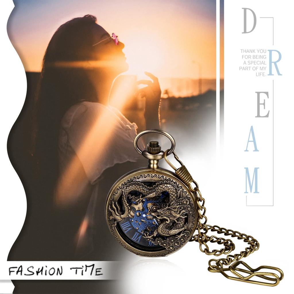 Pocket Watch Automatic Winding Mechanical Dragon Roman Alphabet Analog Display Skeleton Waterproof Retro Antique Pendant Watch Pocket Watch with Chain