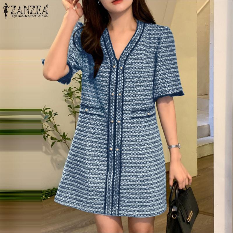 ZANZEA Women V Neck Puff Sleeve Smooth Print Casual Loose Tunic Dress