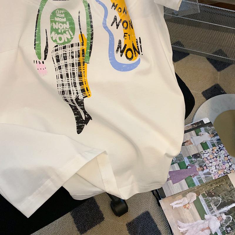 200g pure cotton back bag collar 2025 early spring new portrait printing short-sleeved T-shirt women's summer round neck trendy top