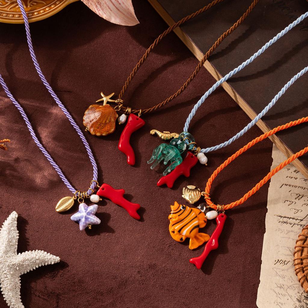Handmade Chunky Rope Multi Color Ceramics Starfish Octopus Fish Pendant Necklace Summer Beach Shell Y2K Collar Jewelry