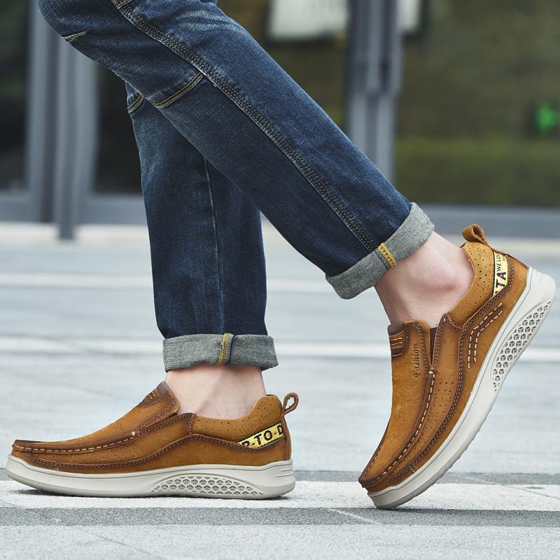 Luxury Brand Men Casual Leather Flat Designer Shoes Genuine Leather Hiking Sneakers Breathable Handmade Flats Walking Shoes Non-