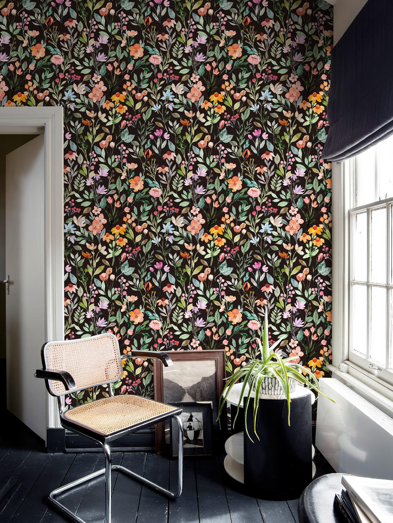 

Watercolor Black Crush Floral PVC Wallpaper Elegant Waterproof Furniture Sticker Home Decoration Flower Vinyl TV Background 44cmx300cm