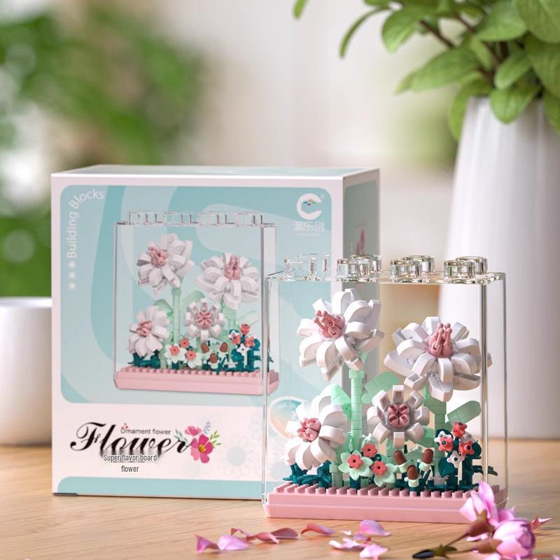 Cross-Border Lego Immortal Flower Basket Building Block Set - Rose Bonsai & Children's Assembly Toy for Teacher's Day Gift
