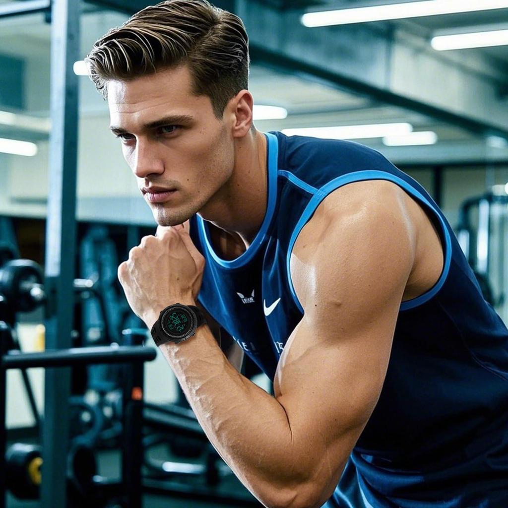 Men's Silicone Watch, 5ATM Water Resistant, Date Display, Day Display, Digital Display, Multi-Function, LED Display, Stainless Steel, Popular,