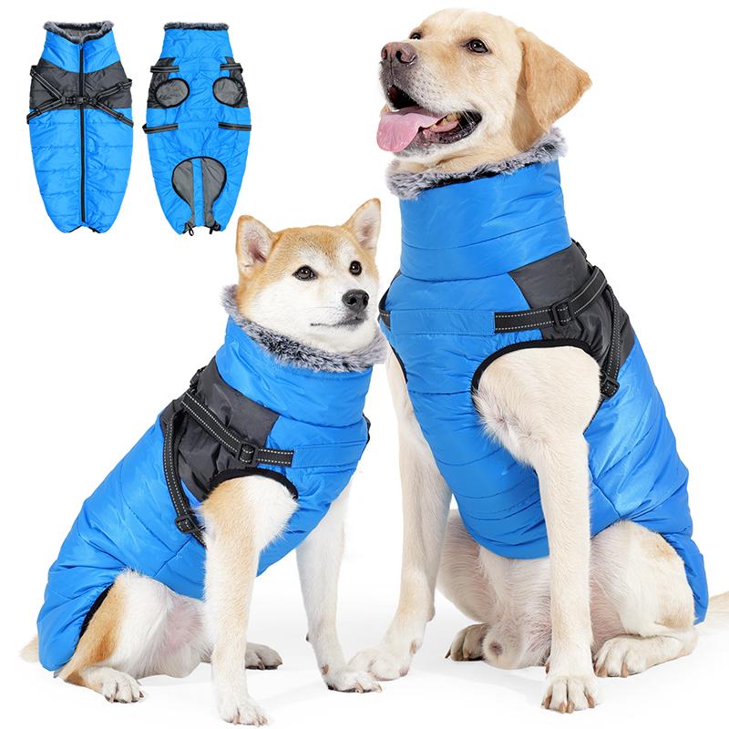 Winter Winddichte Hoher Kragen Flauschige Hundejacke Reflektierend Abschleppbar Outdoor Laufen Haustier Baumwollmantel mit Reißverschluss Designer Hundekleidung