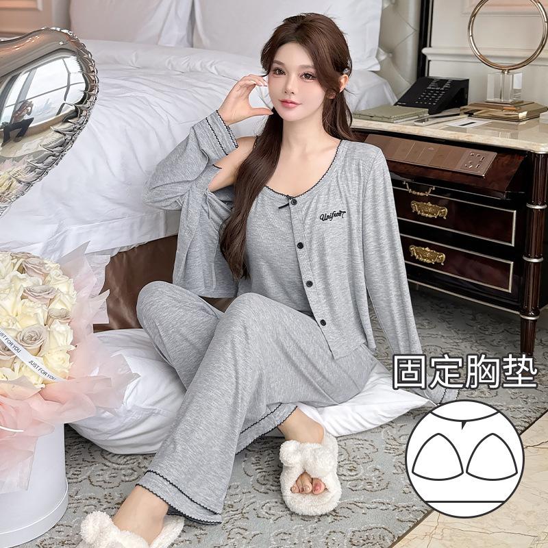 

Vernis skin-friendly soft trousers long-sleeved pajamas three-piece set women s Modal cotton loungewear set in stock M