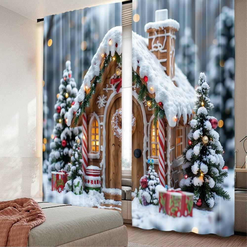 

Set Of 2 Flat Printing High Quality Christmas Curtains Candy House Digital Printed Polyester Drapes Party Holiday Curtain Made W100*H70(CM)-Grommet top&2PCS