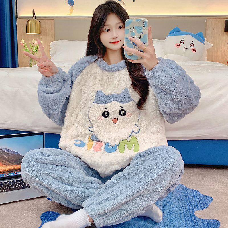 Women's Winter Coral Fleece Pajamas, Long-Sleeved Flannel Set with Velvet, Suitable for Spring and Autumn, Can Be Worn Outdoors