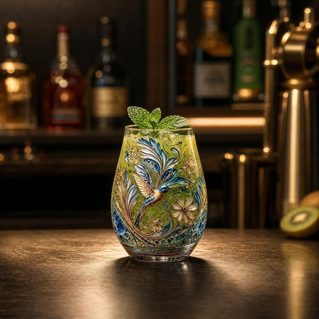 Handcrafted Glass Tumbler with Intricate Floral and Bird Design Embellished with Gold Accents Suitable for Decorative and Everyday Use