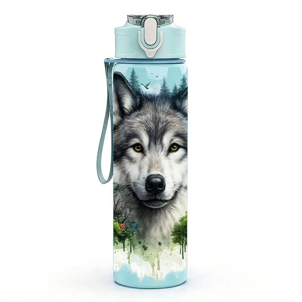 1PC Wild Wolf Winter Animal Portrait 750ml Color Plastic Sports Water Bottle Leakproof Flip Straw Lid Suitable for Sports Office Home Use