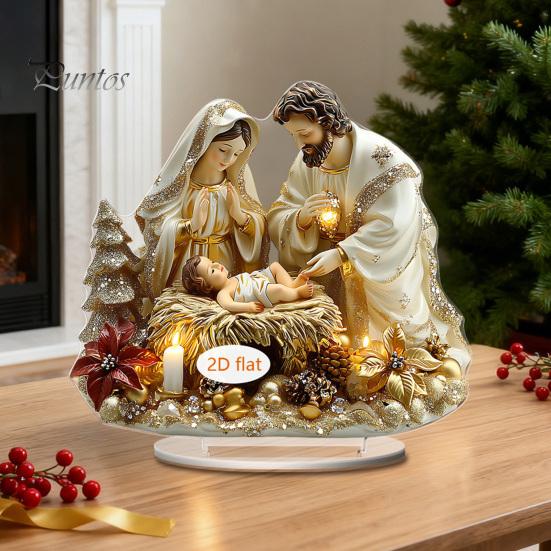 Double Sided Acrylic Ornaments Christmas Theme 2D Ornament, Double-sided Holiday Decoration, Festive Room Decor Stable Base Religious Ornament