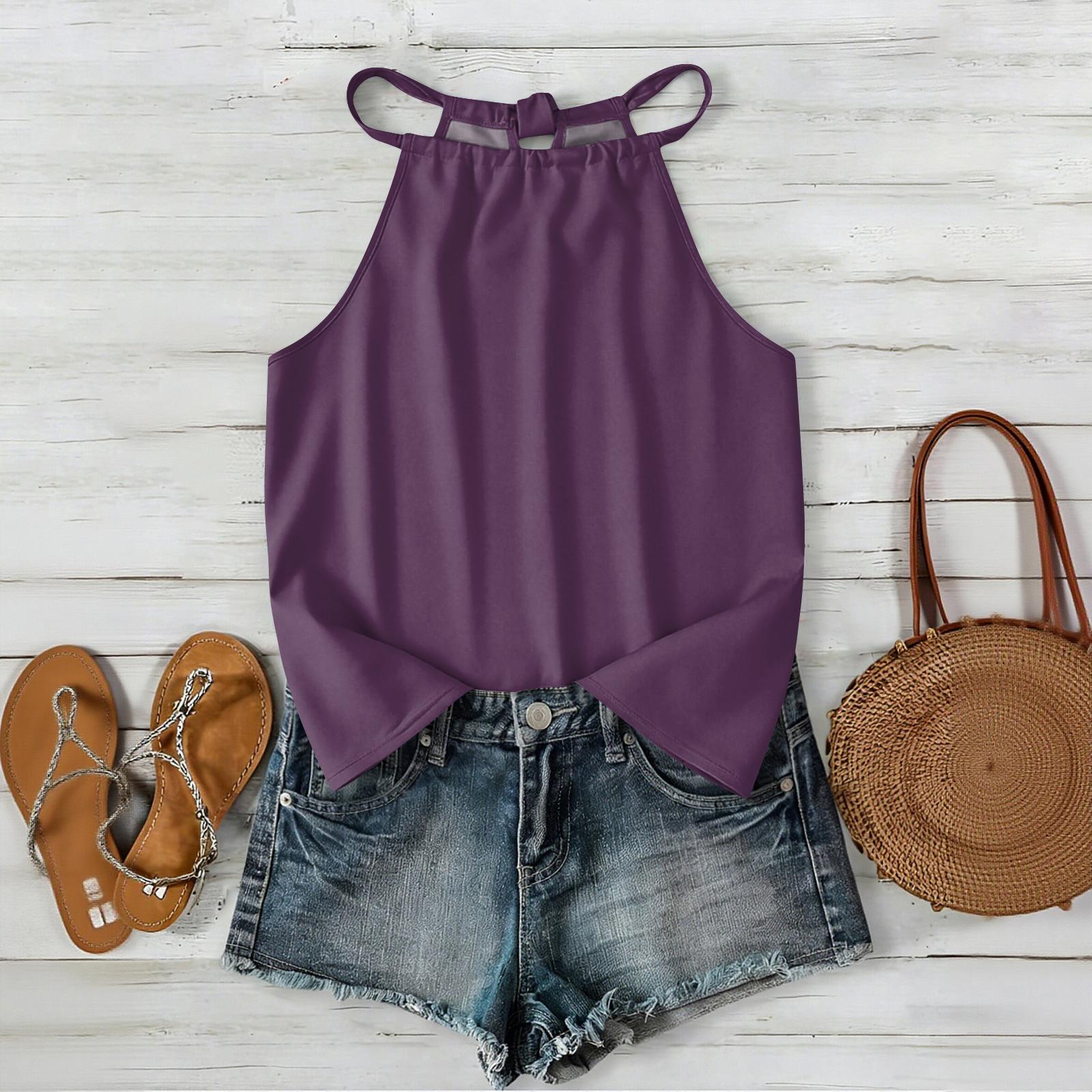 

Women Bohemian Solid Color Sleeveless Camisole Top Summer Casual Loose Fit Spaghetti Strap Blouse for Outdoor and Daily Wear XL фиолетовый