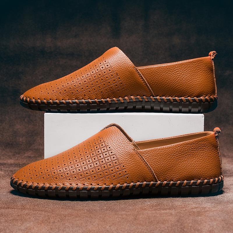 Men's Trendy European & American Slip-On Leather Casual Driving Shoes - Breathable Low-Top, Large Sizes Available