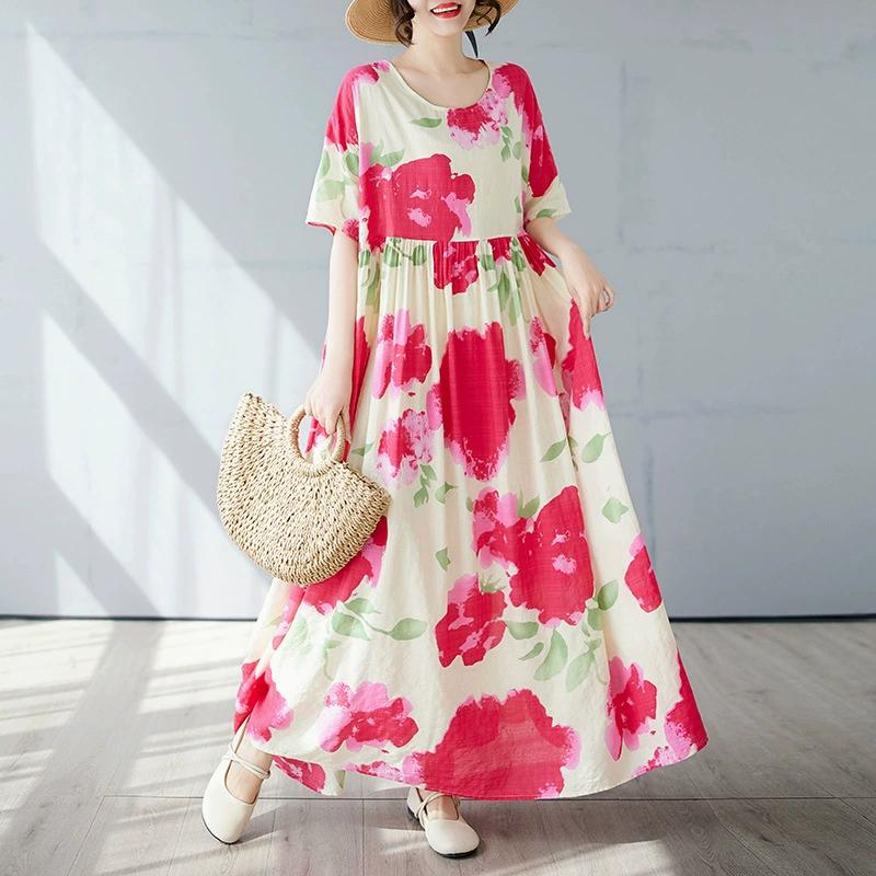 Plus Size Bohemian Print Maxi Long Dress for Women Floral Casual Cotton Linen Loose Vintage Vestidos Para Mujer Robe Dresses