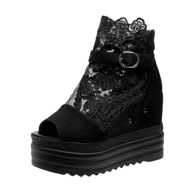 Модные танкетки Женские Летние 12см Толстая Подошва Маффин Рыбий Рот Сандалии Дышащая Сетка Повседневная Обувь Сандалии на Платформе Женские 42 чёрный 3160₽