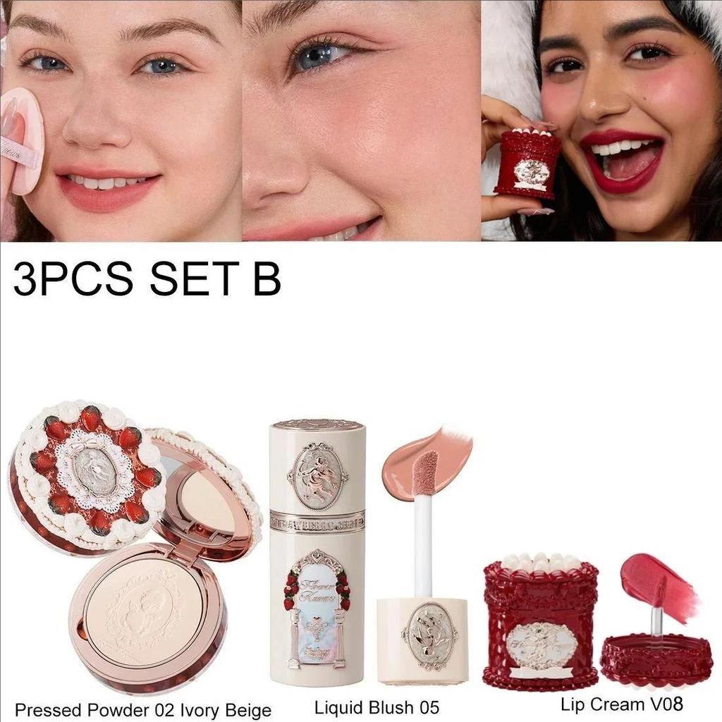Flower Knows Erdbeer-Cupid Samtige Matte Lippencreme Gepresstes Puder Flüssiges Rouge Set Langanhaltendes Leichtes Make-up