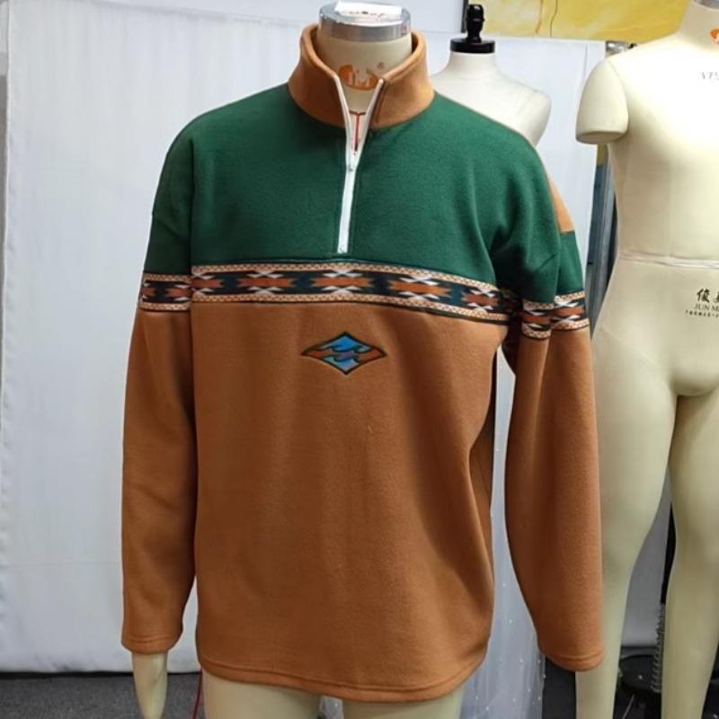 Large Size Retro Surf Stitching Polo Zipper Sweatshirt Autumn Daily Outdoor Casual Top