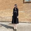 Spring Hepburn Style Black Midi Skirt Waist Slimming Black Skirt French Retro Long Sleeve Dress Women