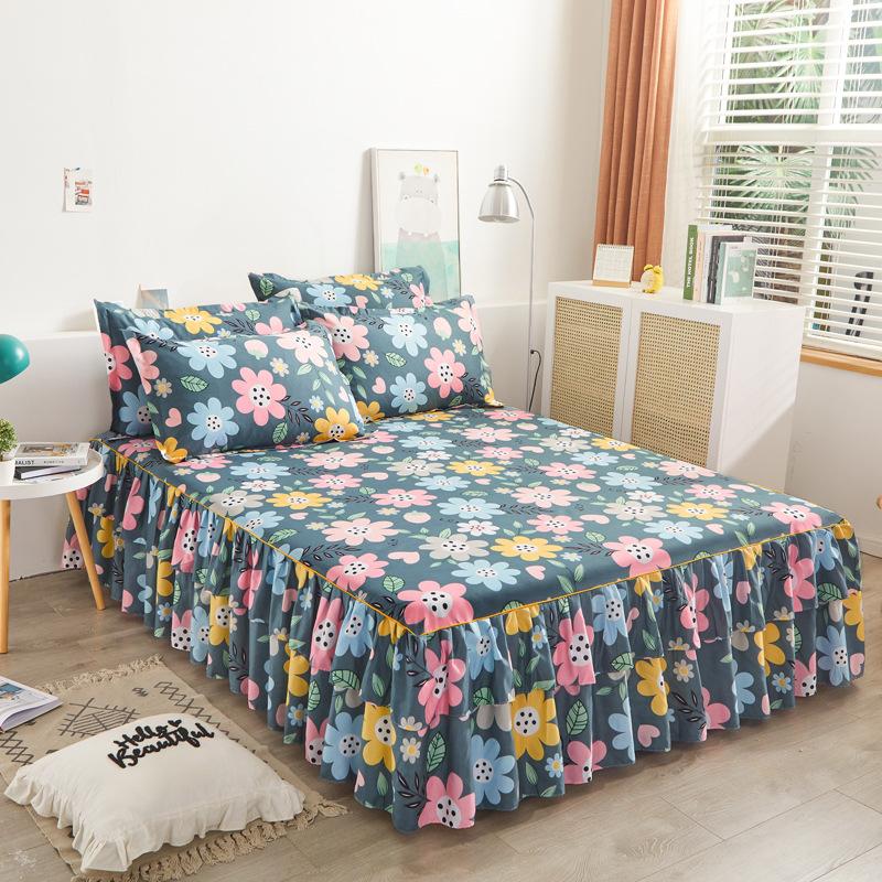 3pcs Modern Korean Floral Bed Skirt Set with Lotus Leaf Embellishments and Princess Floral Pattern, All-Season Brushed Light Beige-Friendly Bedding