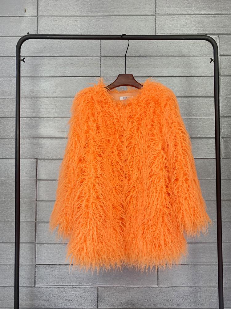 Korean Style Women's Tan Faux Lamb Wool Mid-Length Coat
