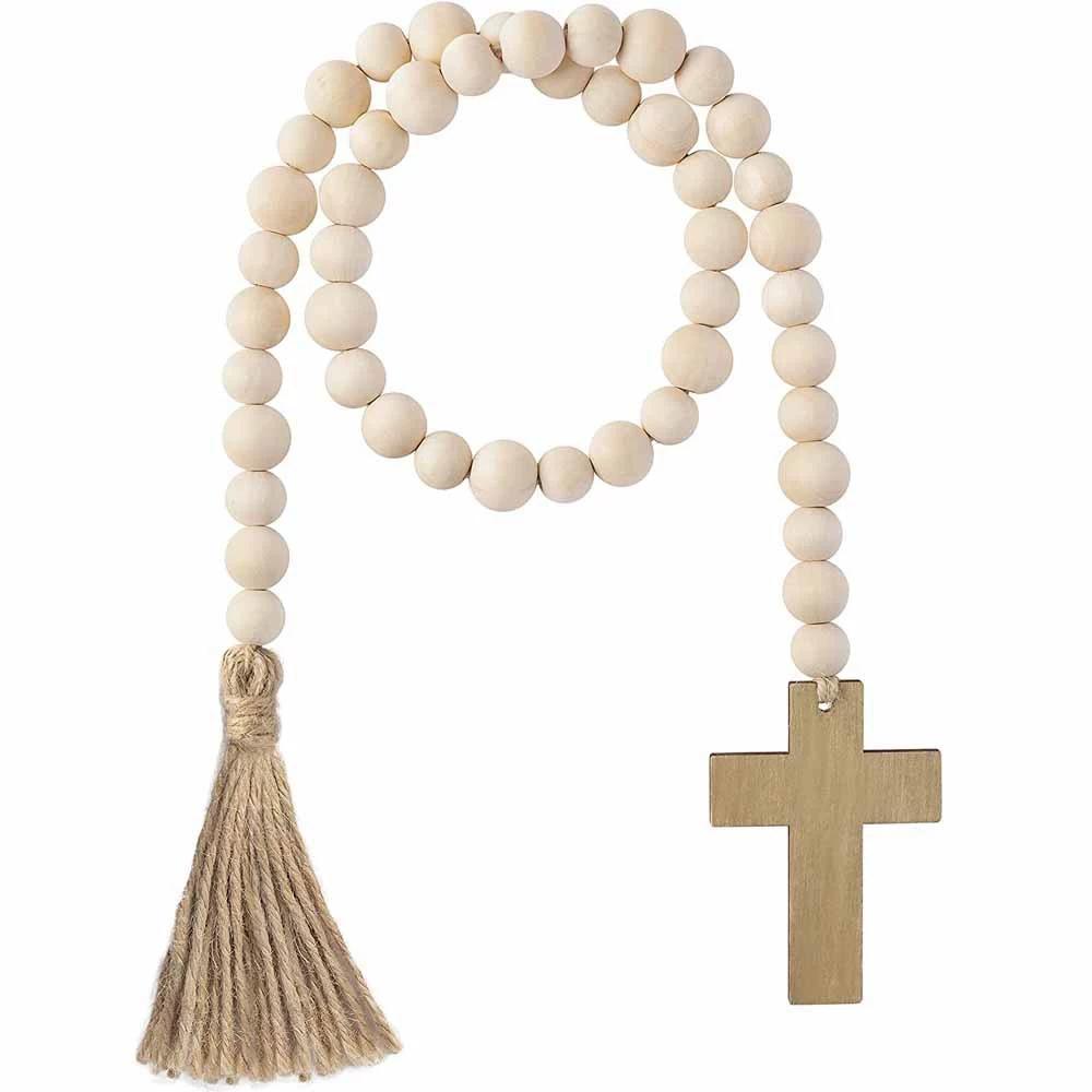 Easter Wooden Beaded Garland with Tassels and Cross Pendant Lightweight Linen Rope String Decoration for Wall Door Shelf