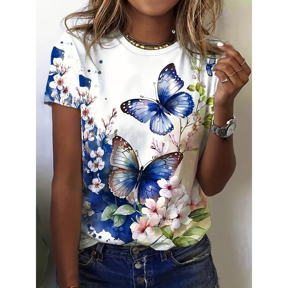 Summer Fashion Women's T-shirt Beautiful Flower Pattern Printed T-shirt Round Neck Short Sleeve Regular Top Women's T-shirt