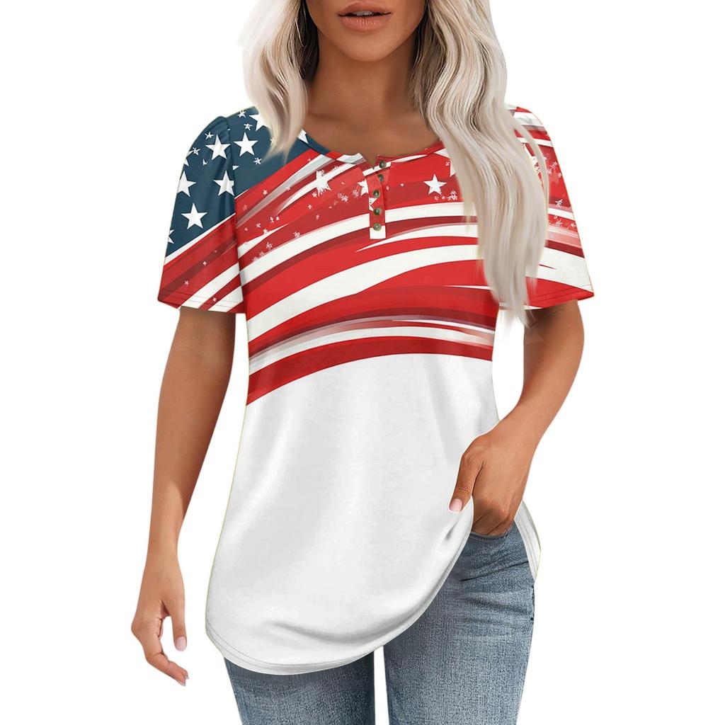 Damski modny, swobodny, krótki rękaw, guziki, nadruk, okrągły dekolt, bluzka typu pullover