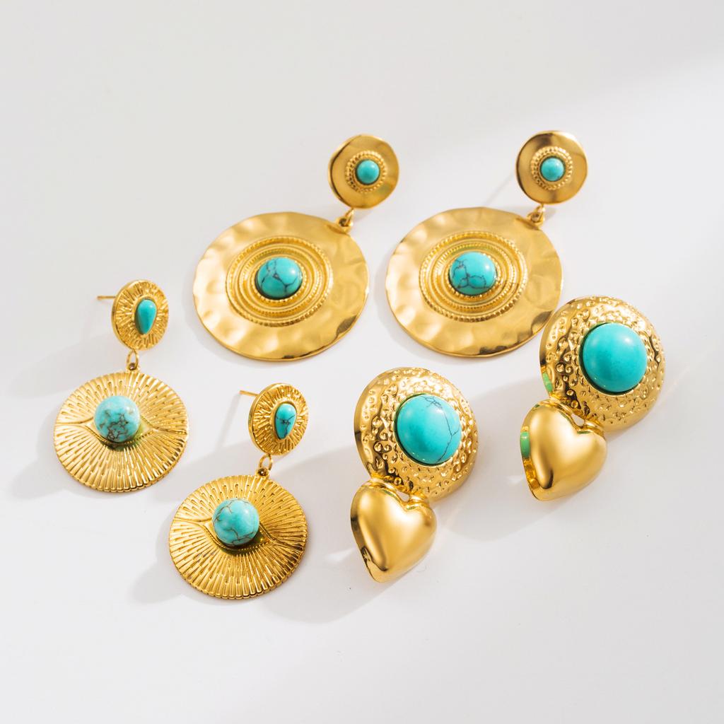 Stainless Steel Geometric Turquoise Inlaid Round Earrings Elegant High Grade Personality Earrings For Women Trendy Jewelry