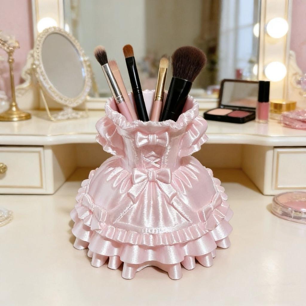 Lolita Princess Skirt Vanity Organizer 3D Printed Cute Pen Holder Girlish Desktop Organizer for Makeup Brushes & Stationery Gift