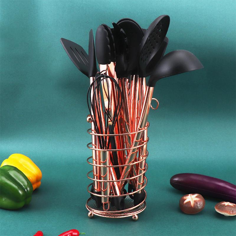 Mångsidigt Svart Silikon och Rostfritt Stål Köksredskapsset Tolvdelat Non-stick Matlagningsnödvändigheter