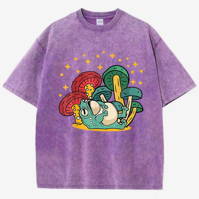 Pilz Cottagecore Ästhetik Frosch Aufdruck Gewaschenes T-Shirt Damen Sommer Locker T-Shirt Street Kurzarm Kleidung