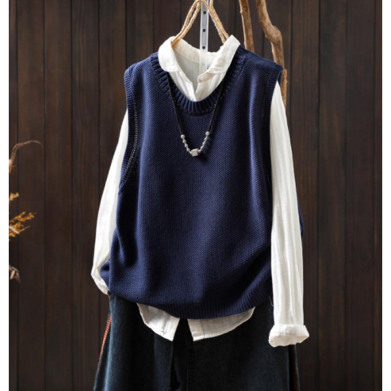 Women's Crew Neck Sleeveless Loose Fit Retro Knit Vest Loose Fit Layering Waistcoat
