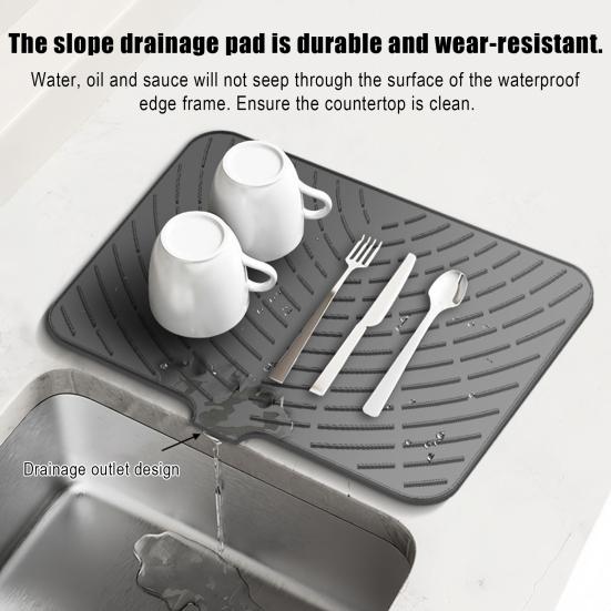 Silicone Kitchen Drain Mat Anti-Slip Insulated Countertop Protective Pad High-Temperature Resistant Slope Draining Mat for Fun Function