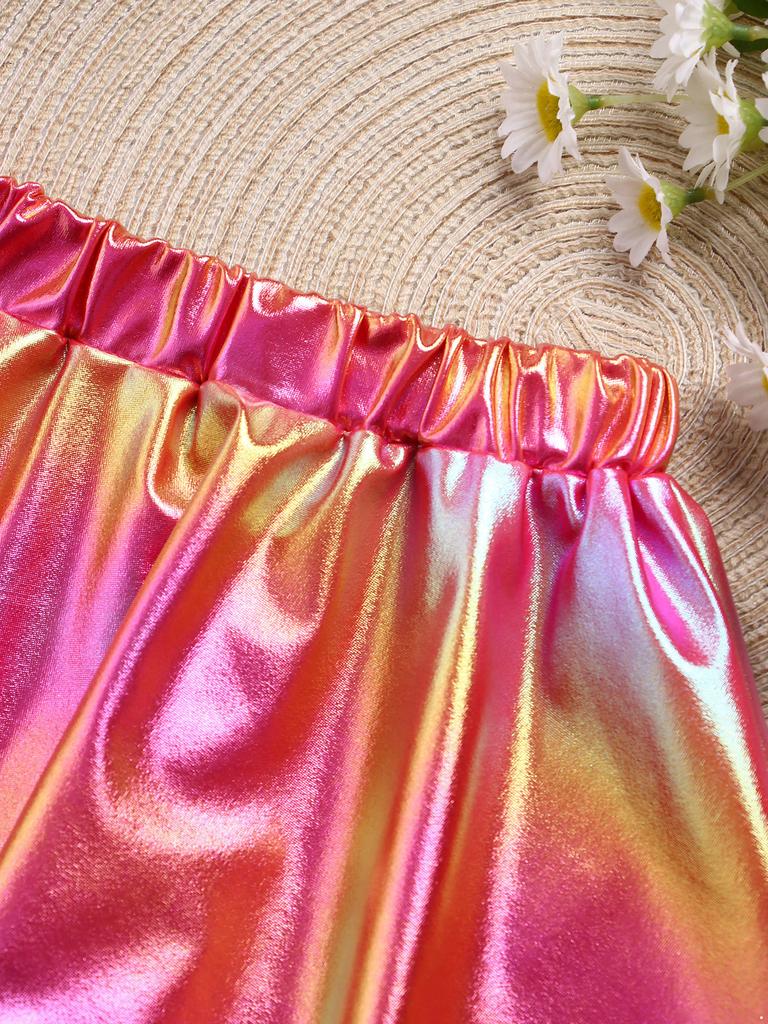 Girls Metallic Shiny Dance Skirt Elastic Waist A Line Miniskirt for Cheerleading Stage Performance