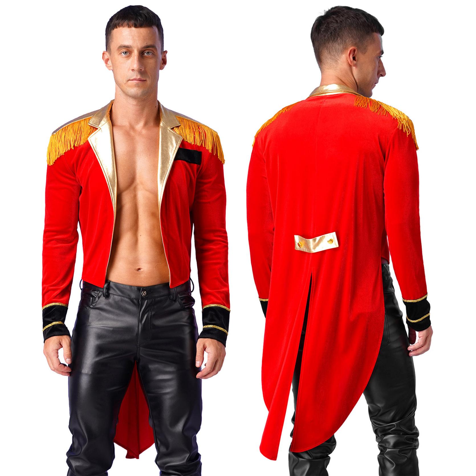 Costume da circo di Halloween da uomo, maestro di circo, domatore di leoni, showman, frac, giacca, vestito operato da cosplay L rosso