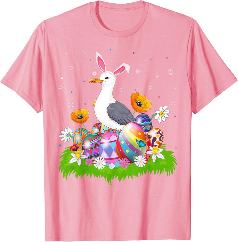 Seagull Bunny Ears Easter Eggs Graphic Tee Men Casual Cotton Short Sleeve T-Shirt