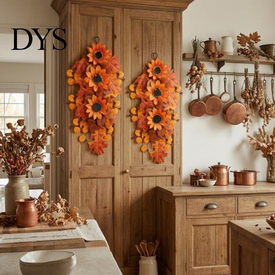 Decorative Sunflower Berries Garland Fall Maple Leaf And Teardrop Swag for Farmhouse Front Door Decor, 50x37cm Realistic Foliage Wreath Artificial