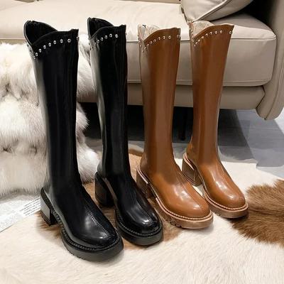 Woman High Boots Fashion Women Knee-High Boots High Heel Autumn Winter Soft Leather Long Boots Retro Rivet Platform Shoes 2024
